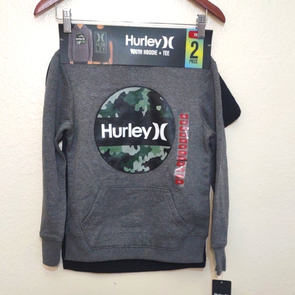 NEW WITH TAGS HURLEY HOODIE AND SHIRT SIZE 7/8 COLOR BLACK, GRAY AND GREEN